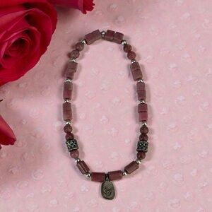 Taurus Natural Rhodonite Jasper Pink & SS Beaded Stretch Bracelet
